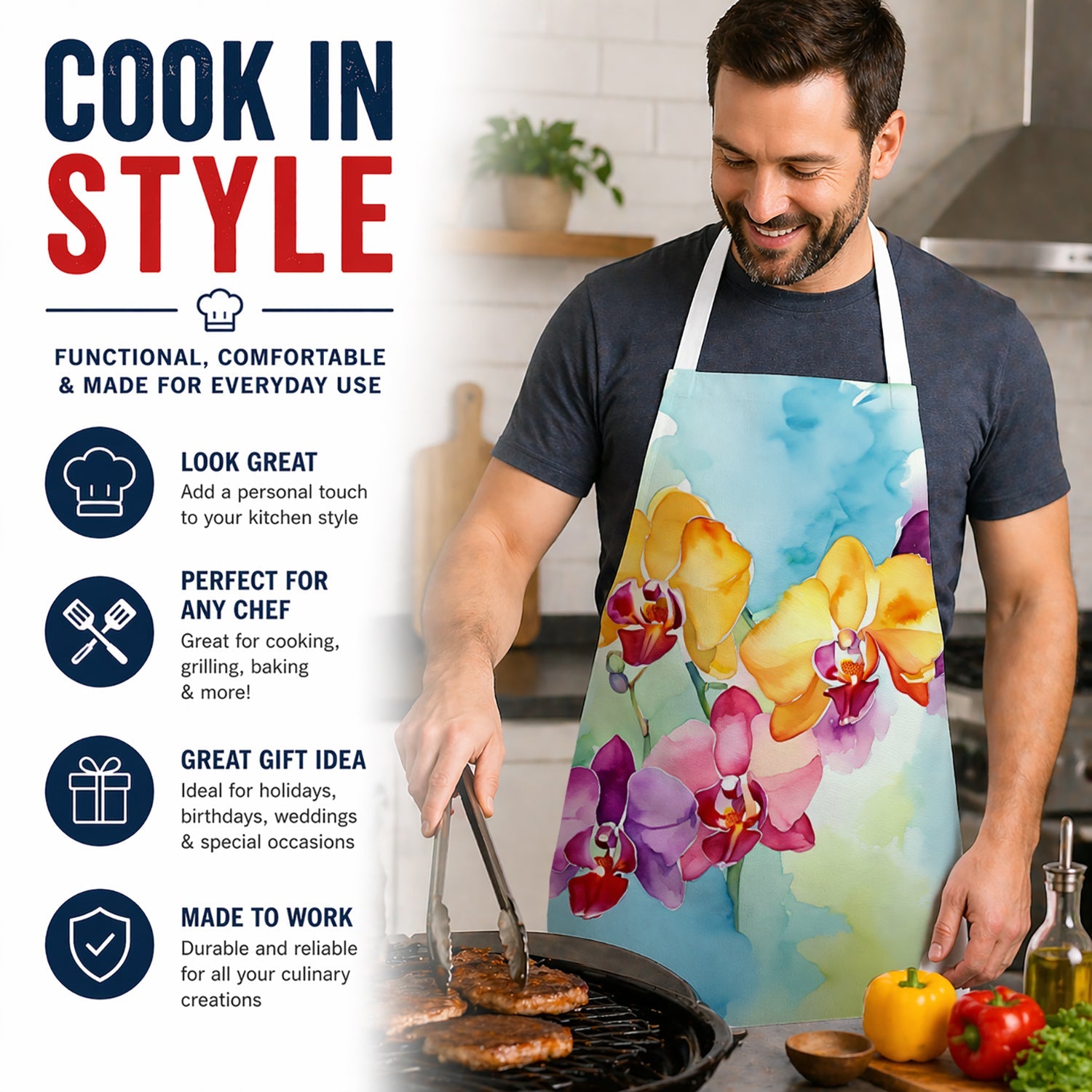 Orchids in Watercolor Apron Cooking Kitchen Server Baking Crafts Gardening for Adult Women Men, Unisex, Large, Multicolor