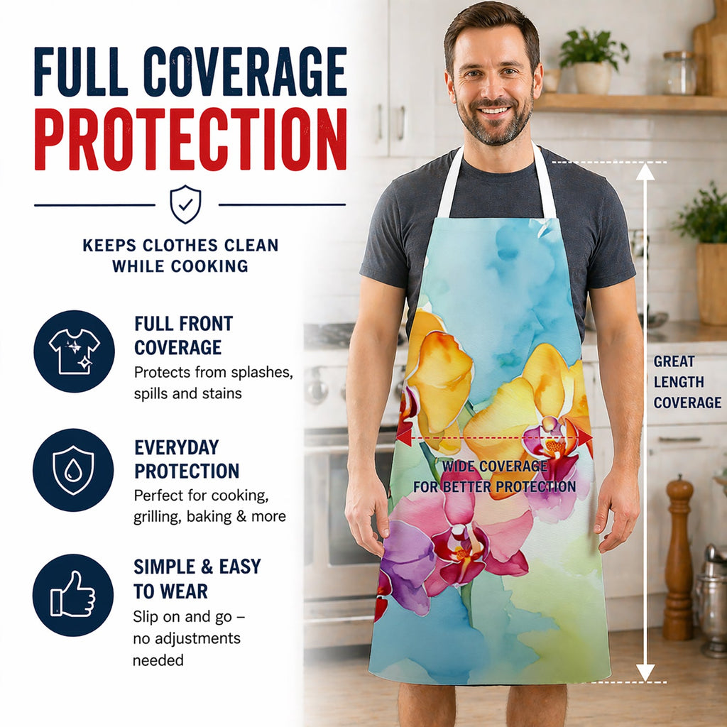 Orchids in Watercolor Apron Cooking Kitchen Server Baking Crafts Gardening for Adult Women Men, Unisex, Large, Multicolor