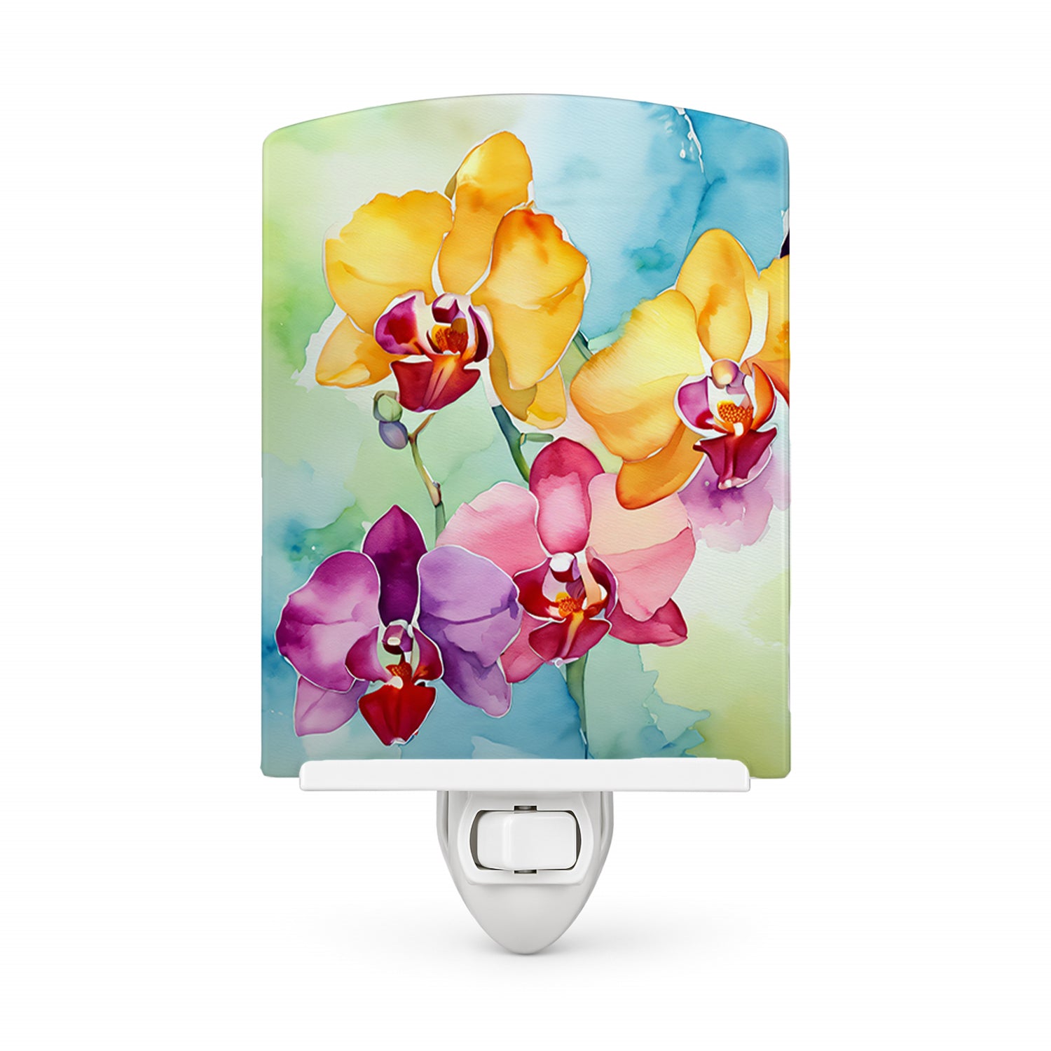 Orchids in Watercolor Ceramic Night Light Compact, UL-Certified, Ideal for Bedroom, Bathroom, Nursery, Hallway, Kitchen, 6x4x3, Multicolor