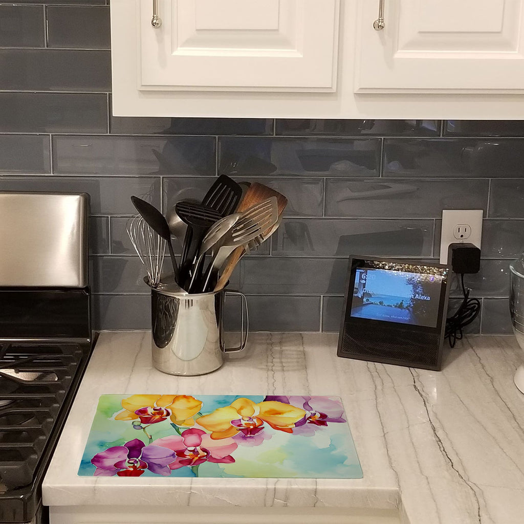 Orchids in Watercolor Cutting Board Tempered Glass Kitchen Cutting Surface, Heat Resistant Chopping, Non-Slip Feet, Food Prep & Serving