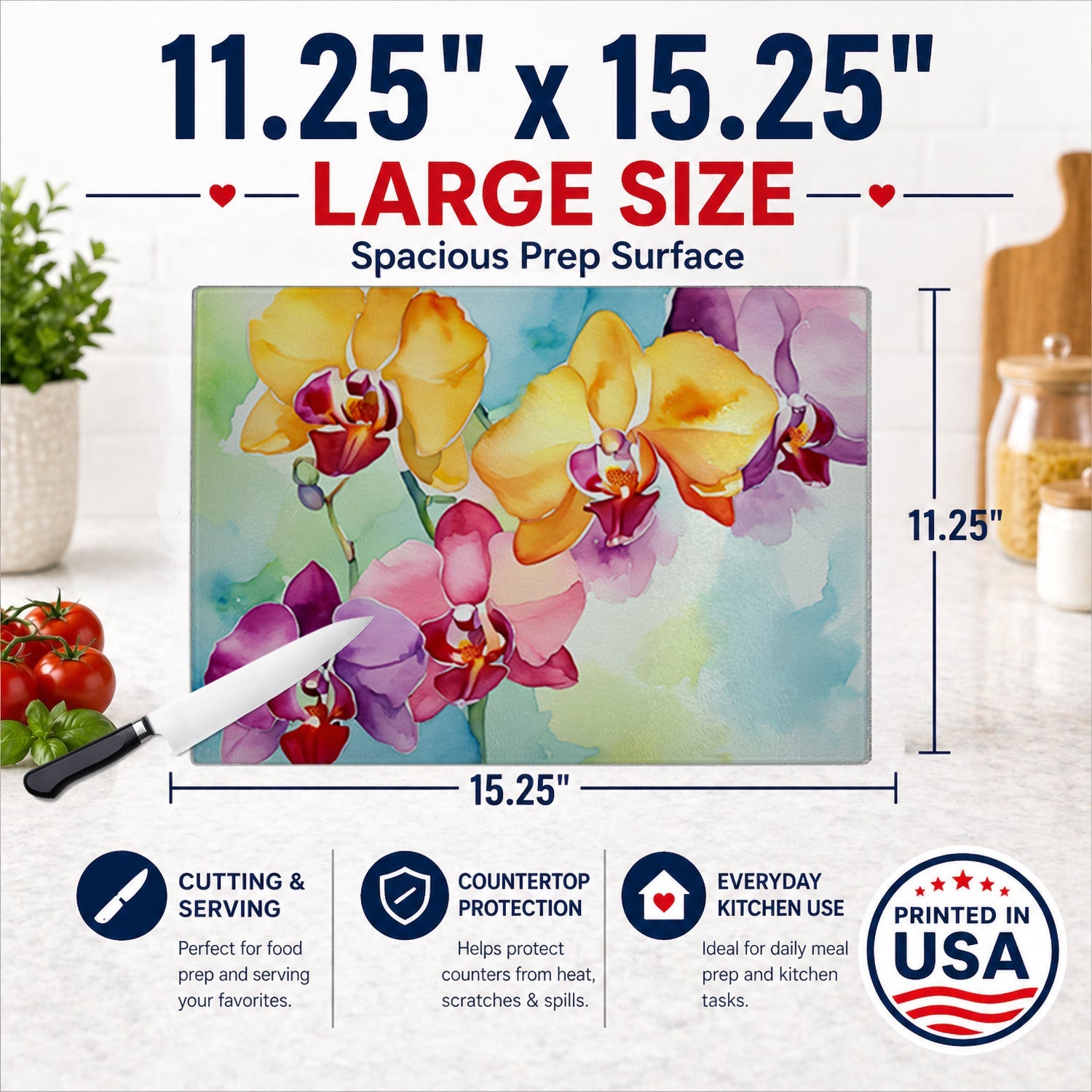 Orchids in Watercolor Cutting Board Tempered Glass Kitchen Cutting Surface, Heat Resistant Chopping, Non-Slip Feet, Food Prep & Serving