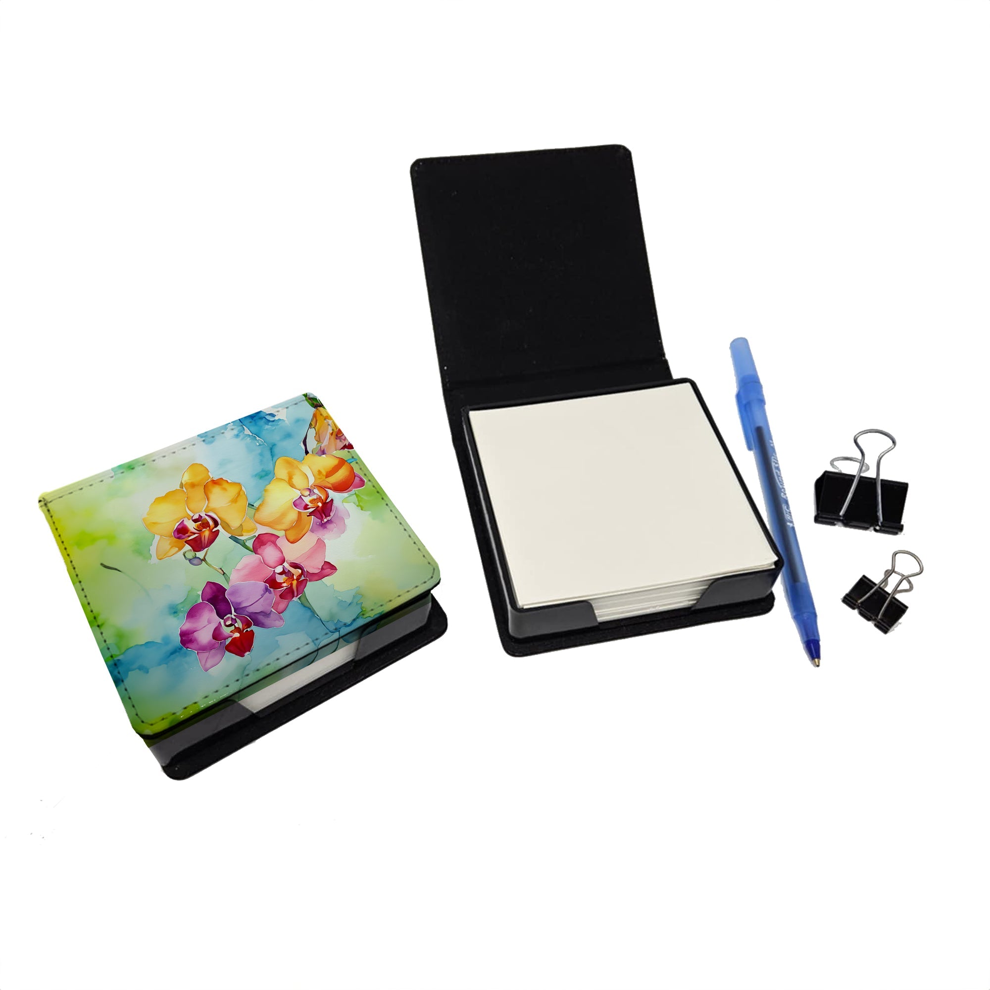 Orchids in Watercolor PU Leather Note Paper Holder with Artist-Designed Cover, Desk Accessory, Office Gift