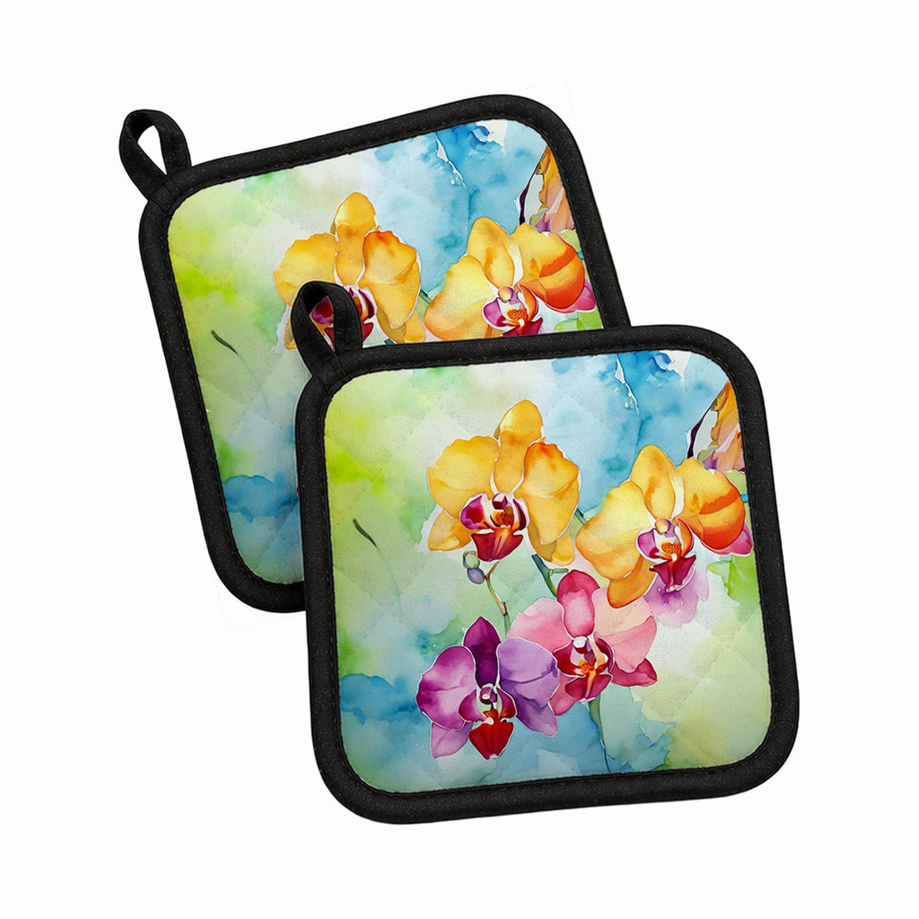 Orchids in Watercolor Pot Holder Set of 2 Heat Resistant Quilted Hot Pads 7.5 x 7.5 Inch, Insulated Kitchen Trivets for Cooking & Baking