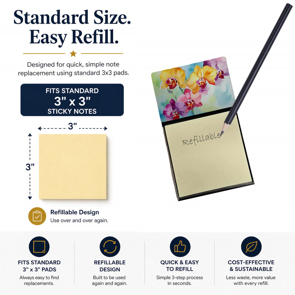 Orchids in Watercolor Watercolor Sticky Note Holder Refillable Dispenser Desk Accessory 3x3 Pad Gift