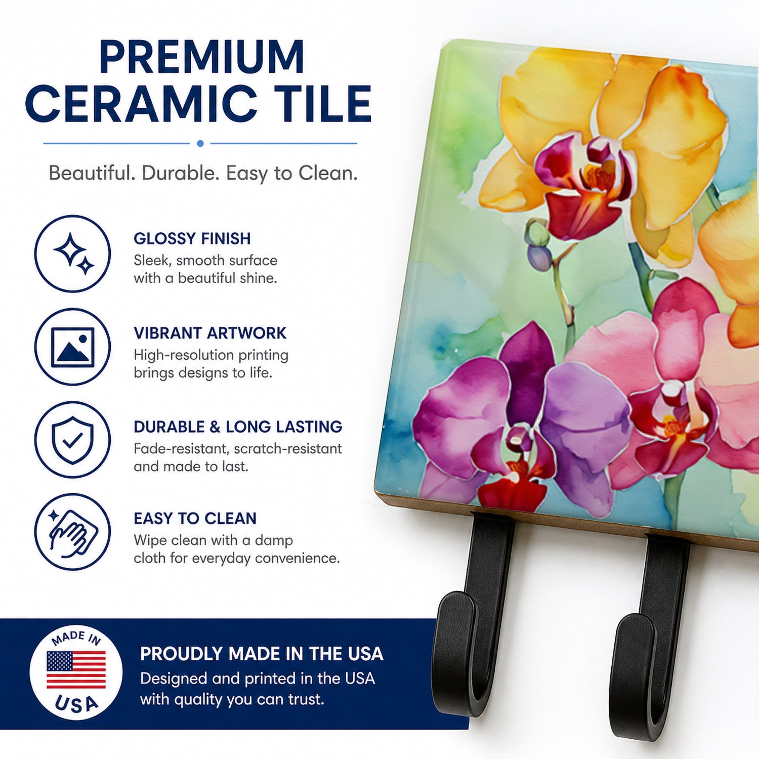 Orchids in Watercolor Leash or Key Holder Wall Hooks, Coat Rack Wall Mount, for Hanging Keys, Towels, Aprons, Leashes