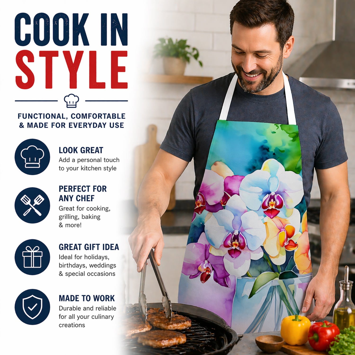 Orchids in Watercolor Apron Cooking Kitchen Server Baking Crafts Gardening for Adult Women Men, Unisex, Large, Multicolor
