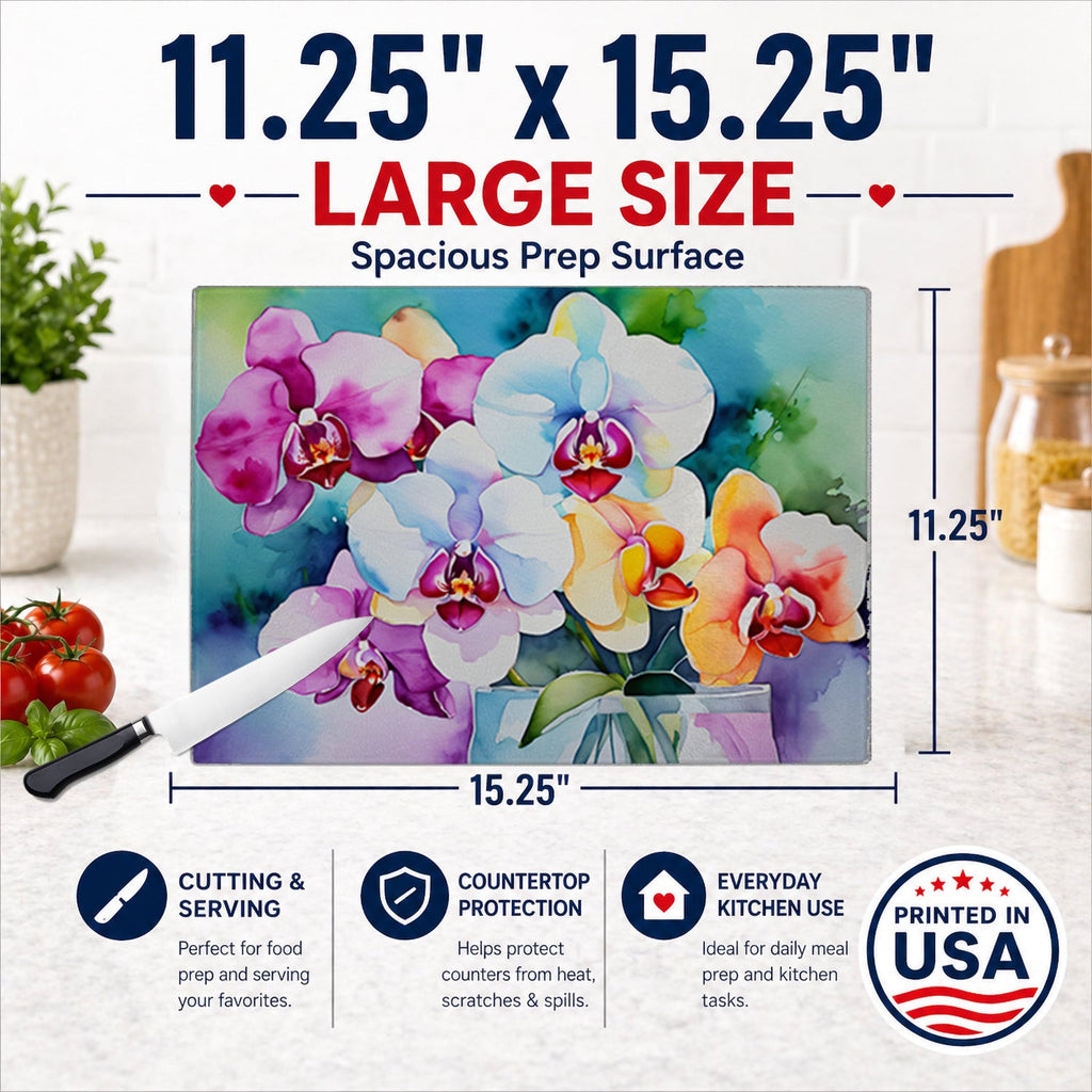 Orchids in Watercolor Cutting Board Tempered Glass Kitchen Cutting Surface, Heat Resistant Chopping, Non-Slip Feet, Food Prep & Serving