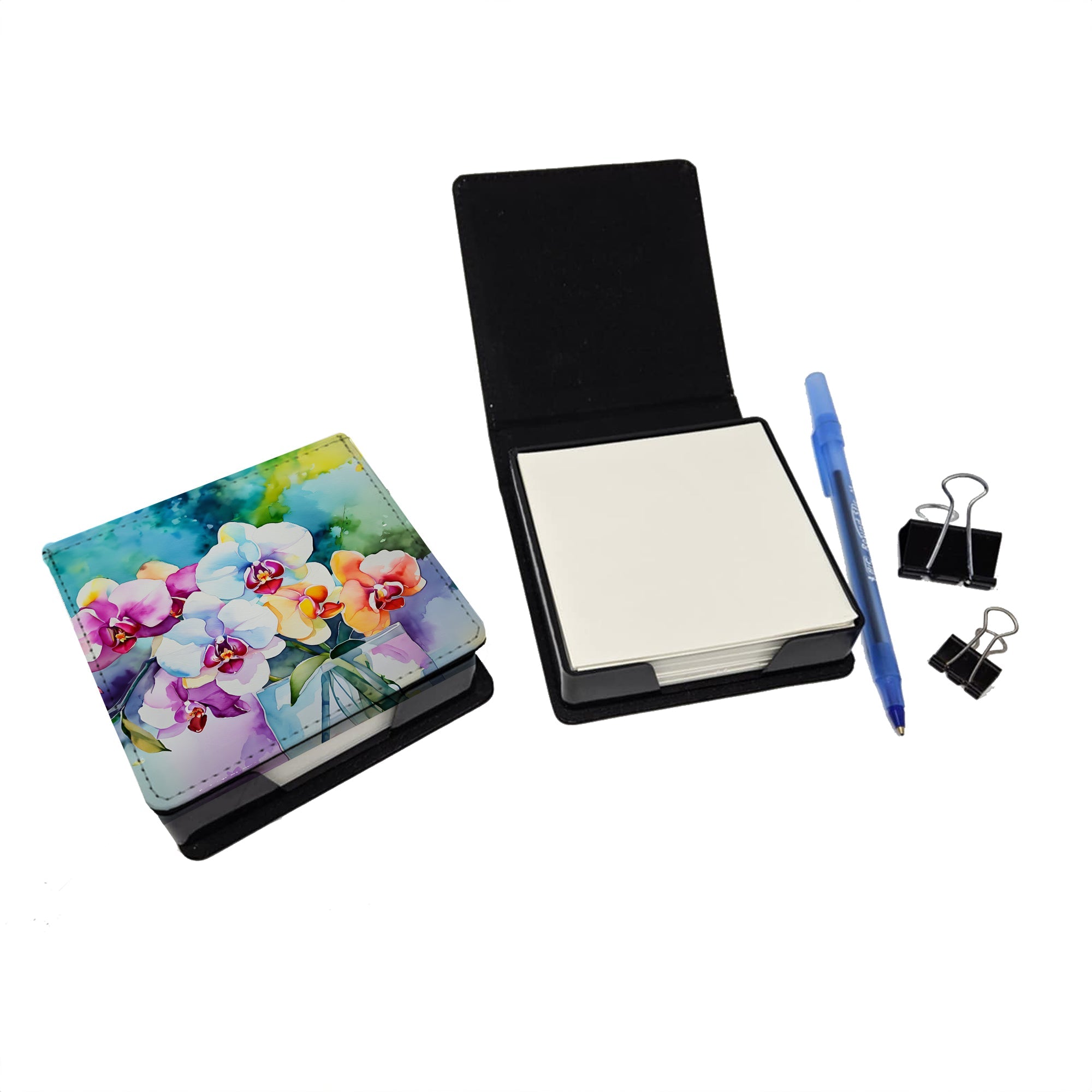 Orchids in Watercolor PU Leather Note Paper Holder with Artist-Designed Cover, Desk Accessory, Office Gift