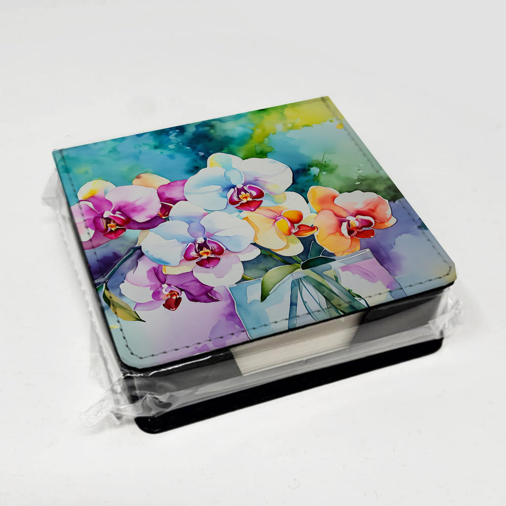 Orchids in Watercolor PU Leather Note Paper Holder with Artist-Designed Cover, Desk Accessory, Office Gift