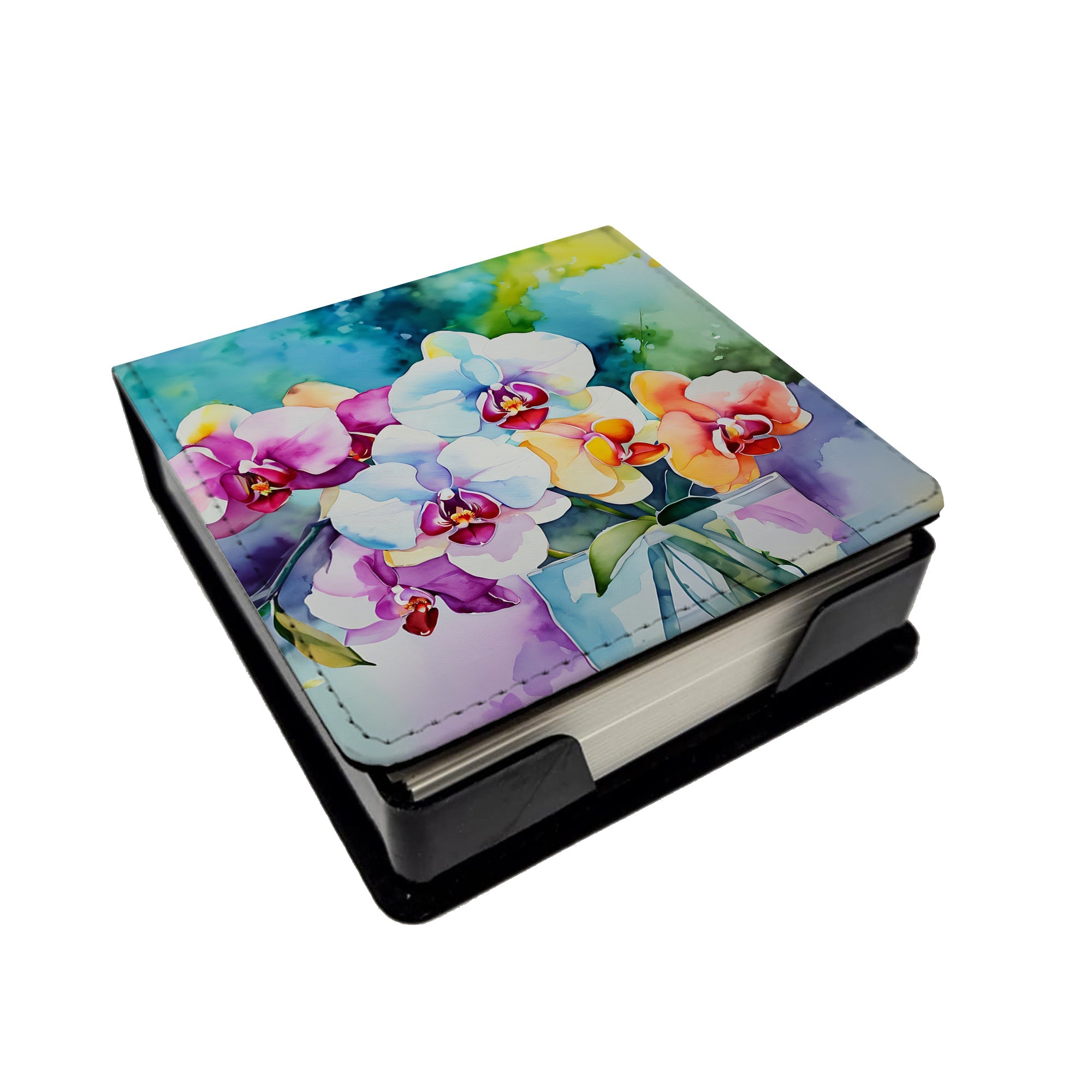 Orchids in Watercolor PU Leather Note Paper Holder with Artist-Designed Cover, Desk Accessory, Office Gift
