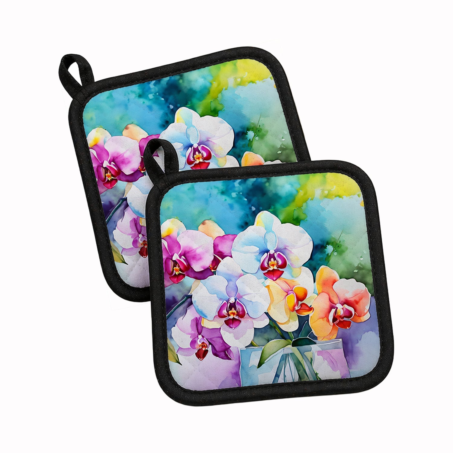 Orchids in Watercolor Pot Holder Set of 2 Heat Resistant Quilted Hot Pads 7.5 x 7.5 Inch, Insulated Kitchen Trivets for Cooking & Baking