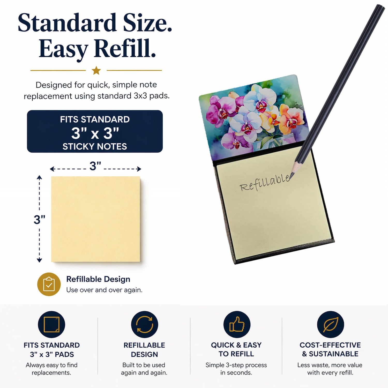 Orchids in Watercolor Watercolor Sticky Note Holder Refillable Dispenser Desk Accessory 3x3 Pad Gift