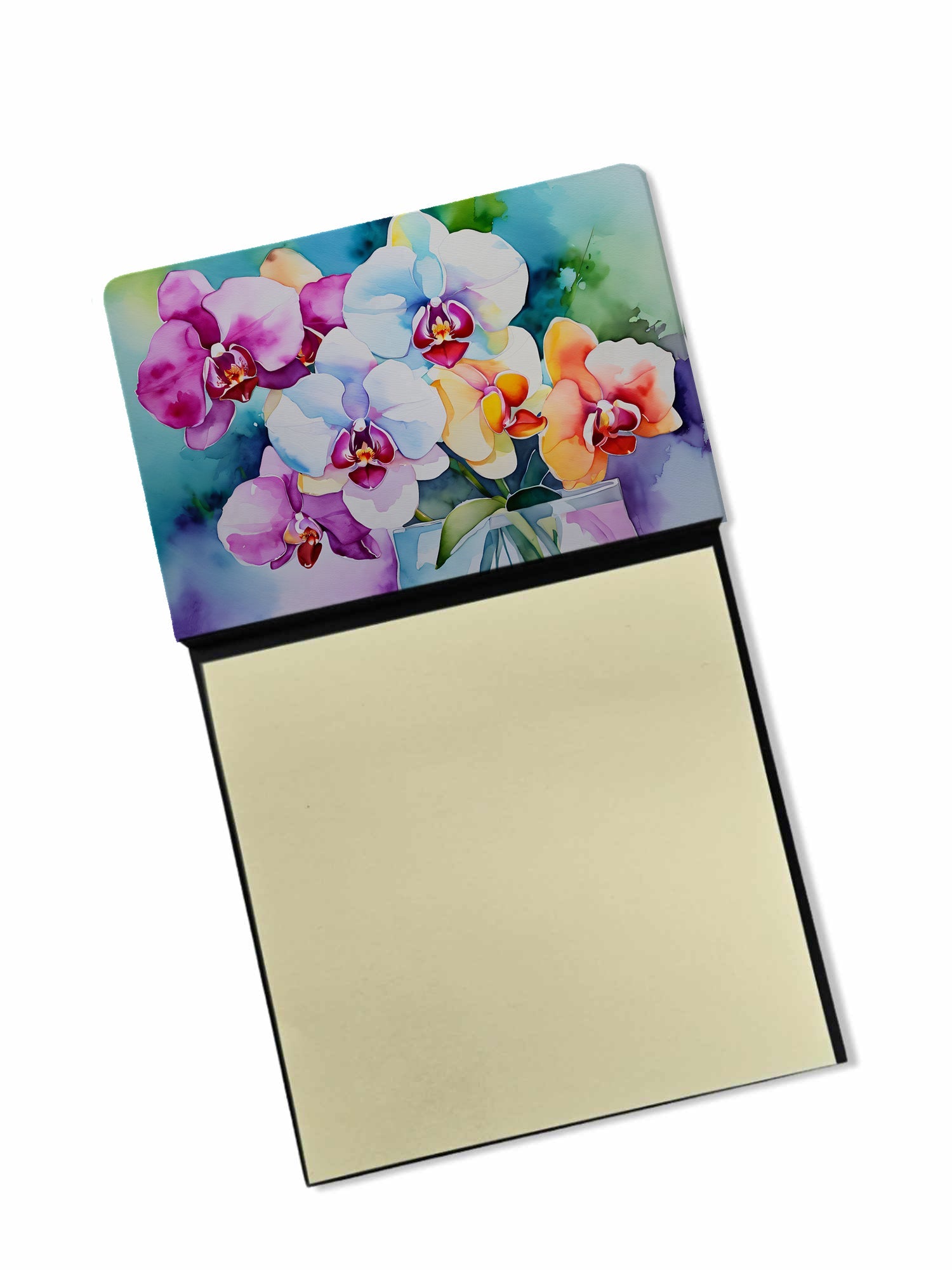 Orchids in Watercolor Watercolor Sticky Note Holder Refillable Dispenser Desk Accessory 3x3 Pad Gift