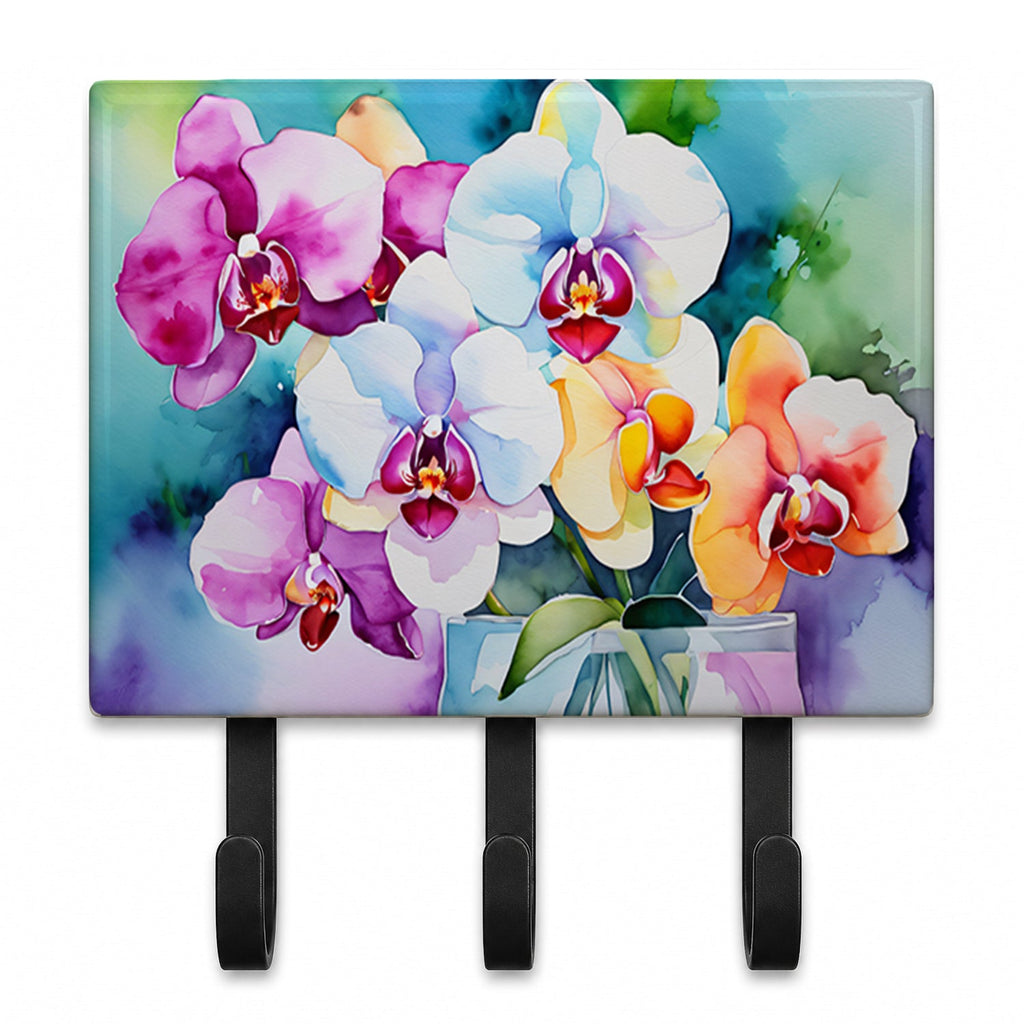 Orchids in Watercolor Leash or Key Holder Wall Hooks, Coat Rack Wall Mount, for Hanging Keys, Towels, Aprons, Leashes