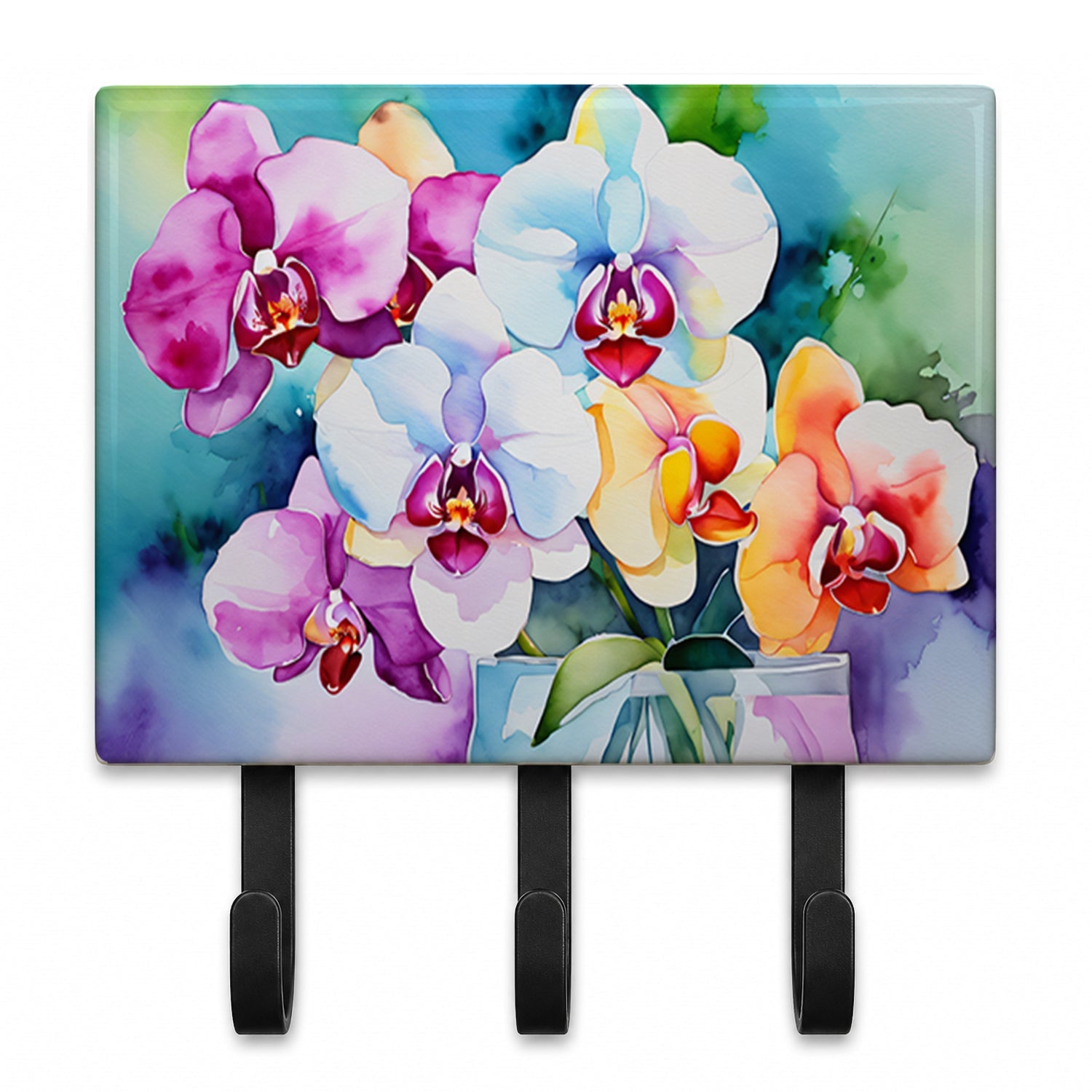 Orchids in Watercolor Leash or Key Holder Wall Hooks, Coat Rack Wall Mount, for Hanging Keys, Towels, Aprons, Leashes