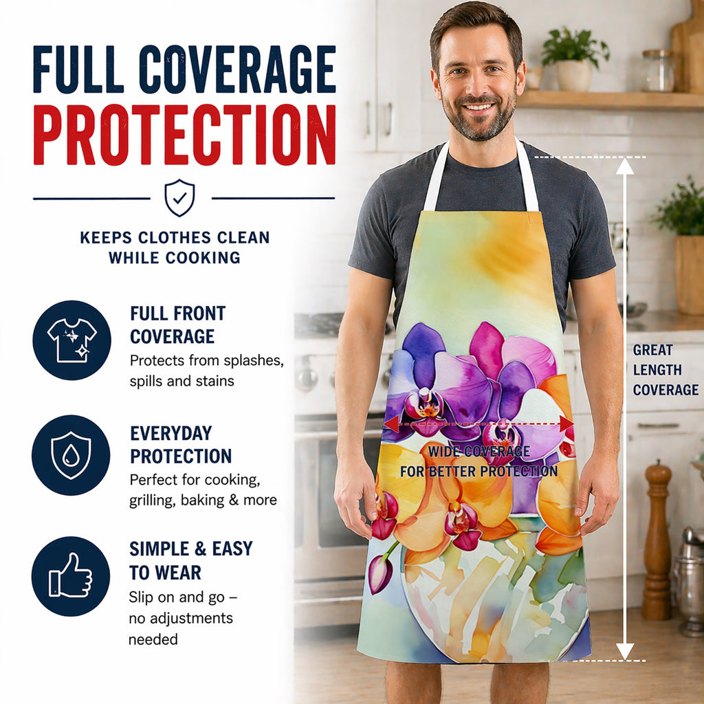 Orchids in Watercolor Apron Cooking Kitchen Server Baking Crafts Gardening for Adult Women Men, Unisex, Large, Multicolor