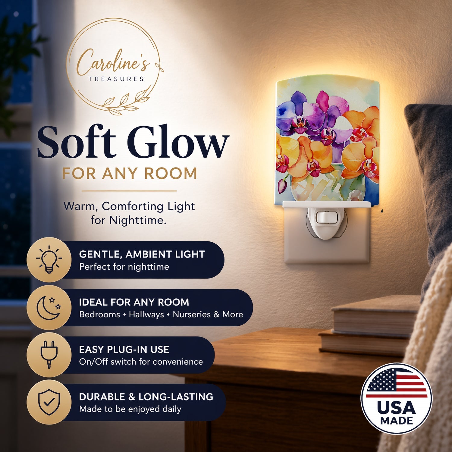 Orchids in Watercolor Ceramic Night Light Compact, UL-Certified, Ideal for Bedroom, Bathroom, Nursery, Hallway, Kitchen, 6x4x3, Multicolor