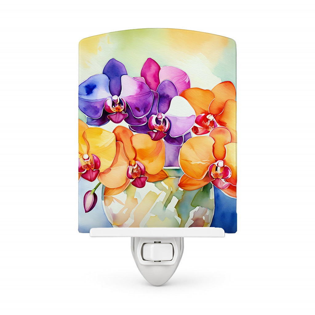 Orchids in Watercolor Ceramic Night Light Compact, UL-Certified, Ideal for Bedroom, Bathroom, Nursery, Hallway, Kitchen, 6x4x3, Multicolor