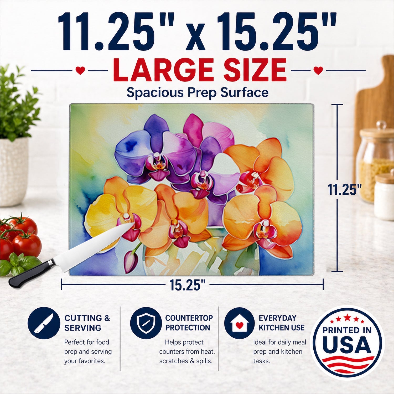 Orchids in Watercolor Cutting Board Tempered Glass Kitchen Cutting Surface, Heat Resistant Chopping, Non-Slip Feet, Food Prep & Serving