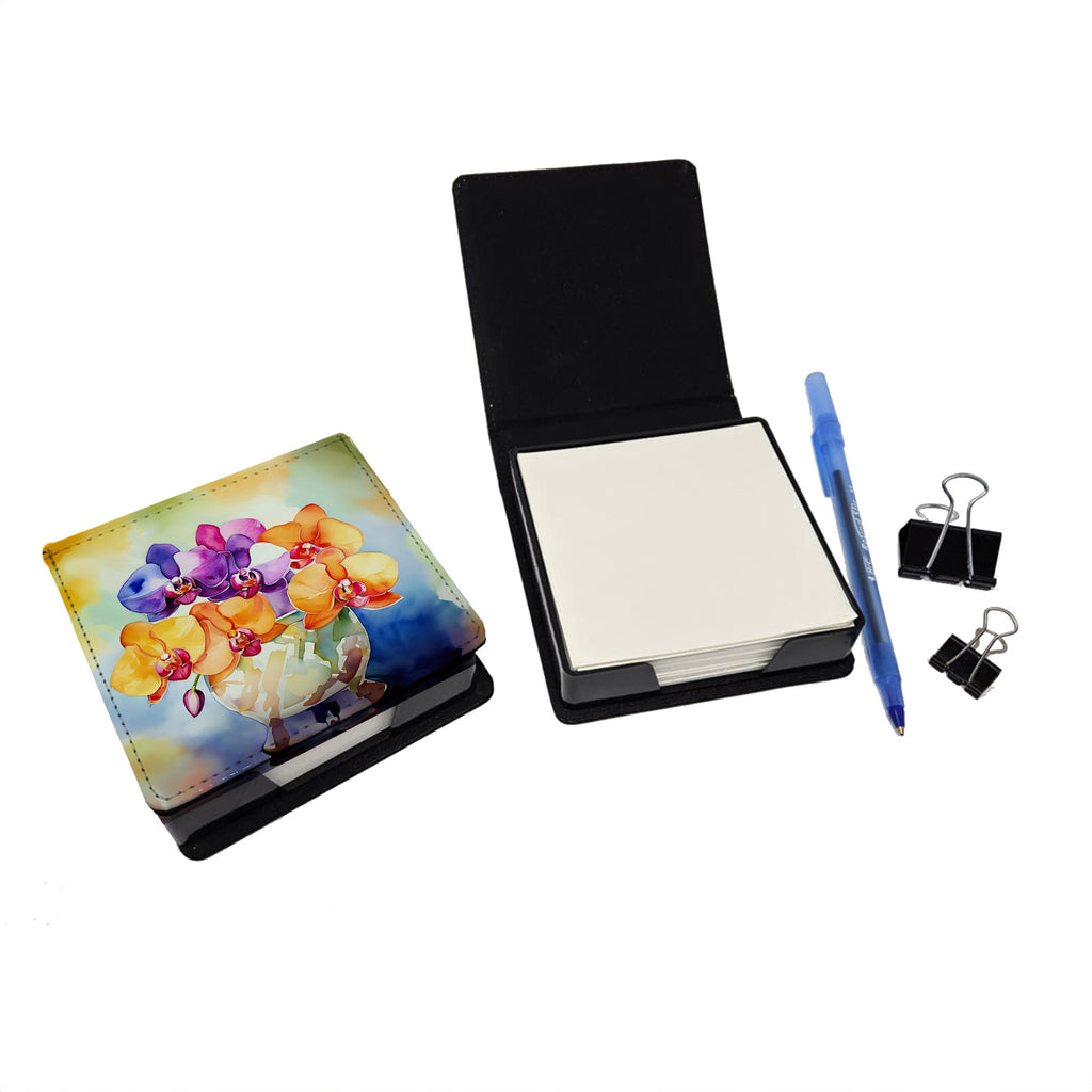 Orchids in Watercolor PU Leather Note Paper Holder with Artist-Designed Cover, Desk Accessory, Office Gift
