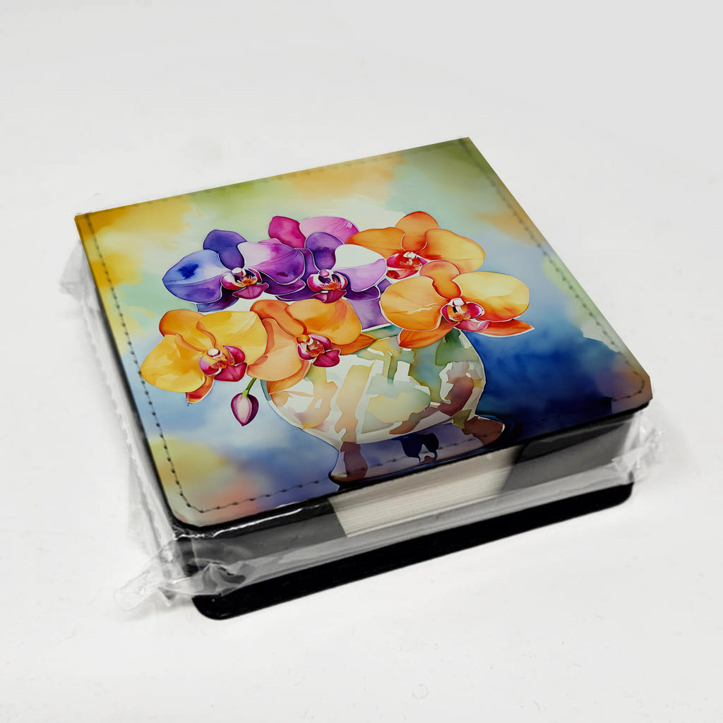 Orchids in Watercolor PU Leather Note Paper Holder with Artist-Designed Cover, Desk Accessory, Office Gift