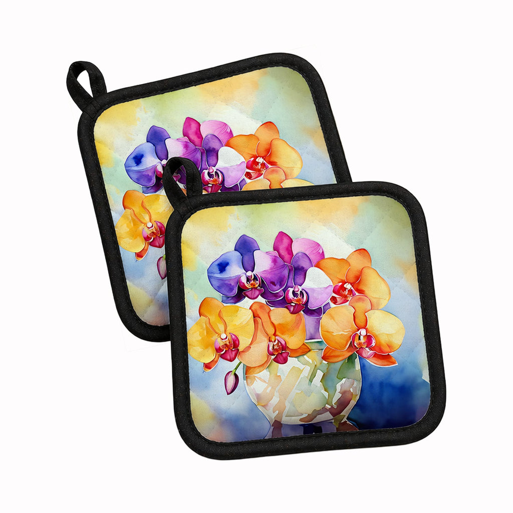 Orchids in Watercolor Pot Holder Set of 2 Heat Resistant Quilted Hot Pads 7.5 x 7.5 Inch, Insulated Kitchen Trivets for Cooking & Baking