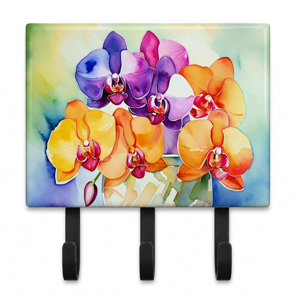 Orchids in Watercolor Leash or Key Holder Wall Hooks, Coat Rack Wall Mount, for Hanging Keys, Towels, Aprons, Leashes
