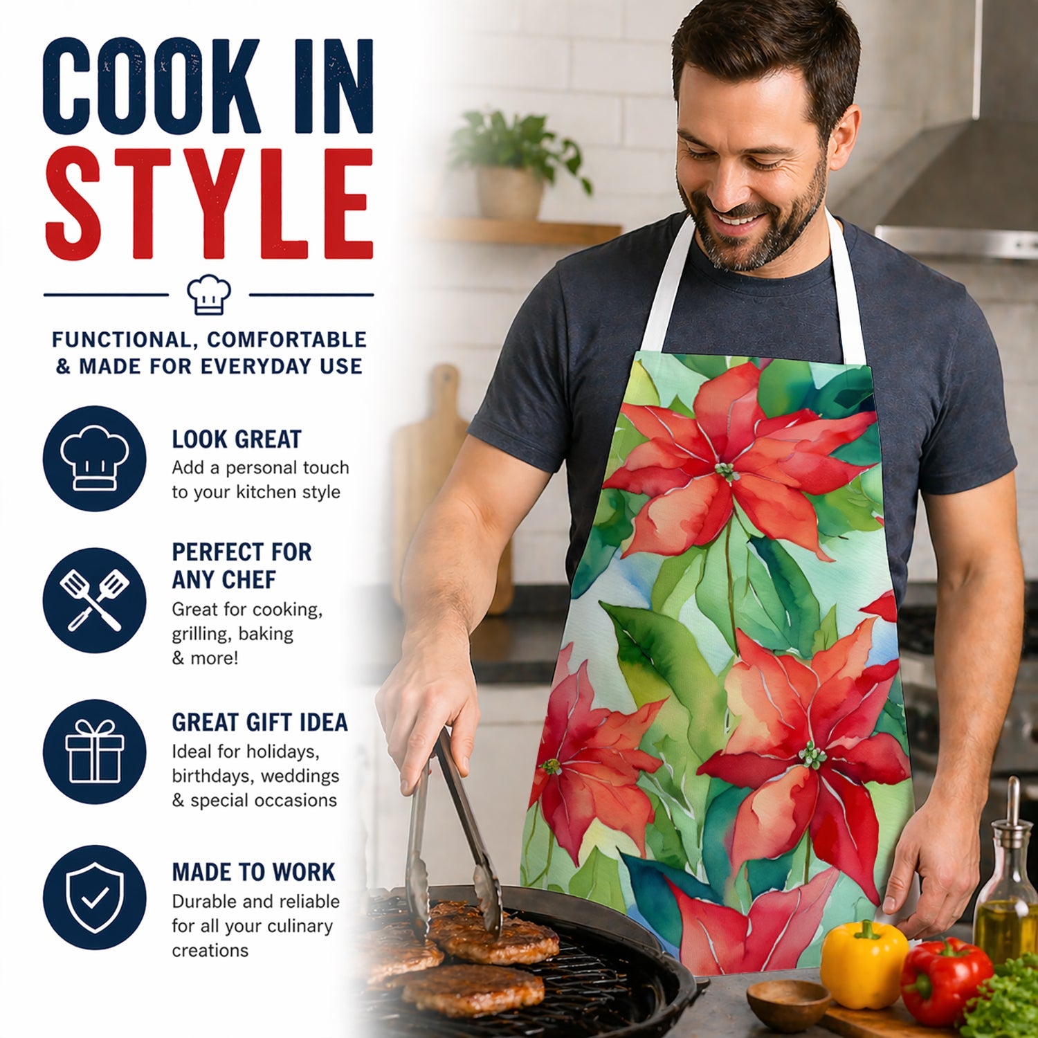 Poinsettias in Watercolor Apron Cooking Kitchen Server Baking Crafts Gardening for Adult Women Men, Unisex, Large, Multicolor
