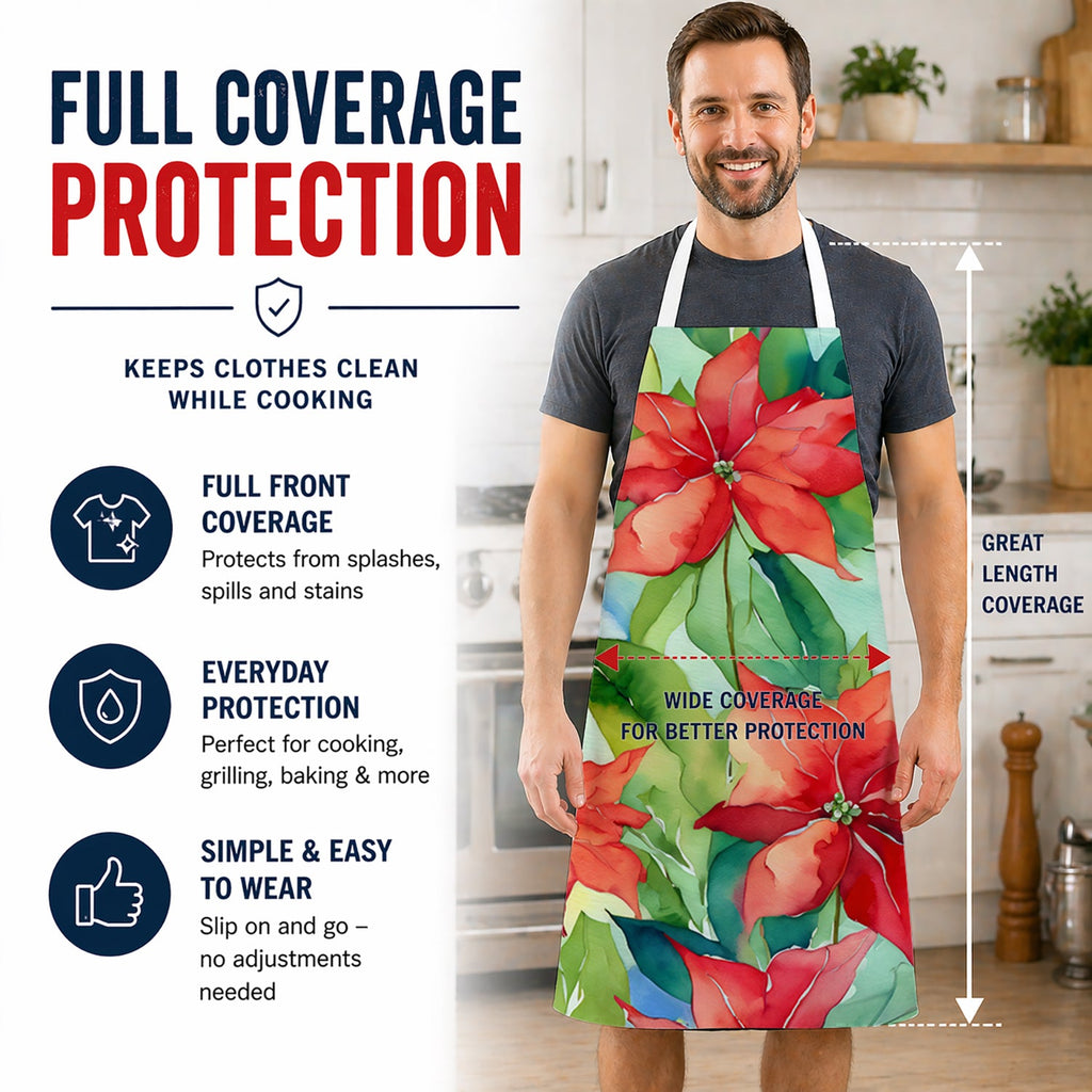 Poinsettias in Watercolor Apron Cooking Kitchen Server Baking Crafts Gardening for Adult Women Men, Unisex, Large, Multicolor