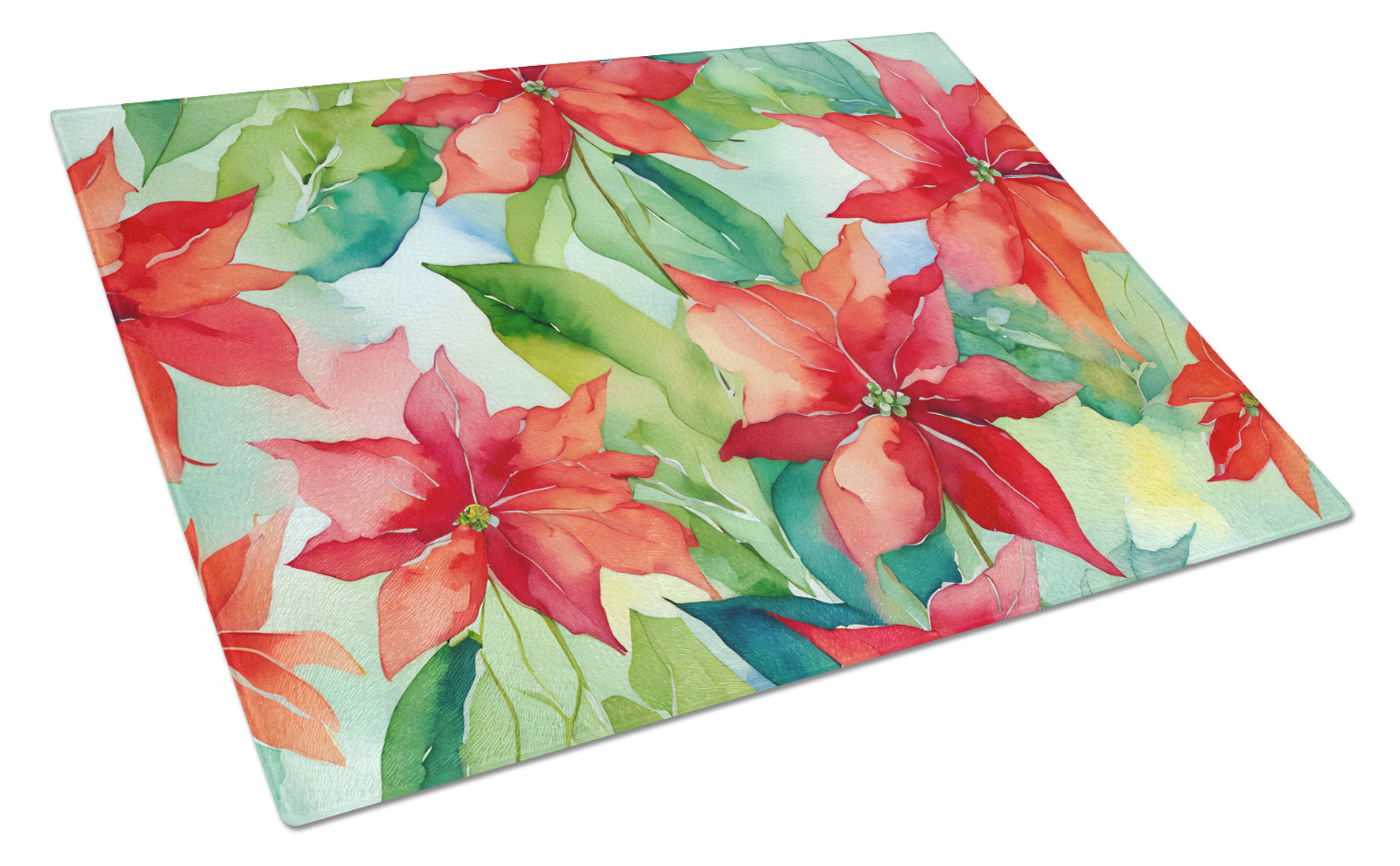 Poinsettias in Watercolor Cutting Board Tempered Glass Kitchen Cutting Surface, Heat Resistant Chopping, Non-Slip Feet, Food Prep & Serving