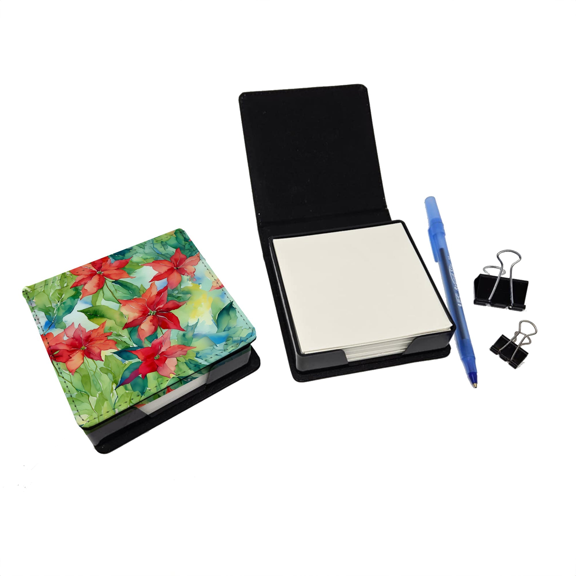 Poinsettias in Watercolor PU Leather Note Paper Holder with Artist-Designed Cover, Desk Accessory, Office Gift