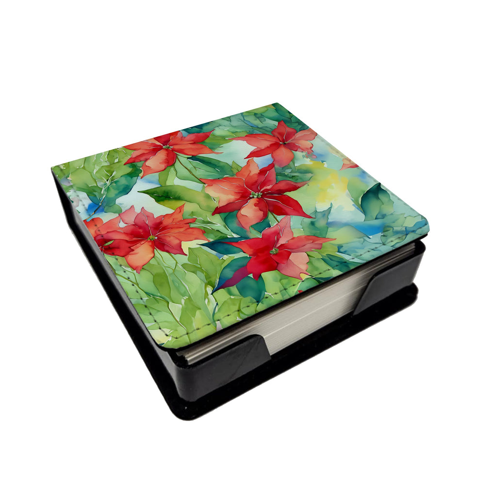 Poinsettias in Watercolor PU Leather Note Paper Holder with Artist-Designed Cover, Desk Accessory, Office Gift