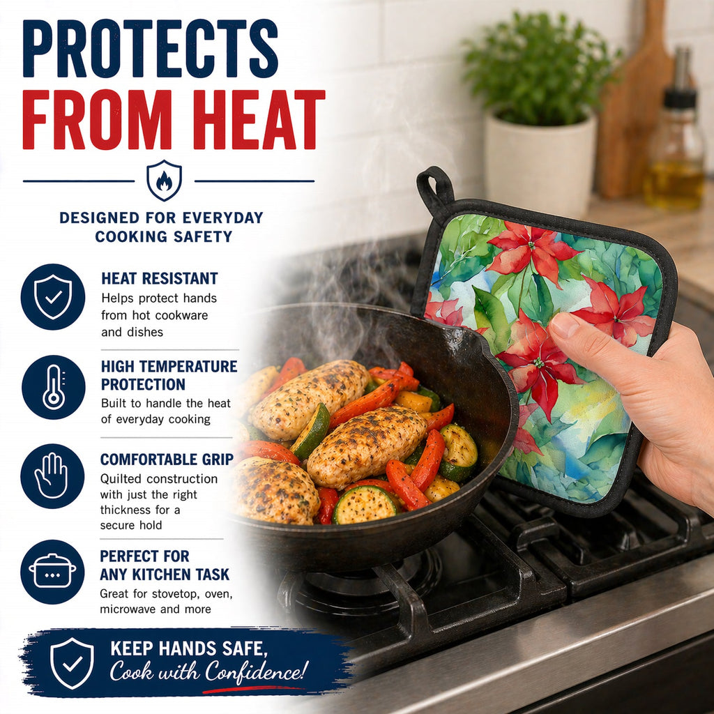 Poinsettias in Watercolor Pot Holder Set of 2 Heat Resistant Quilted Hot Pads 7.5 x 7.5 Inch, Insulated Kitchen Trivets for Cooking & Baking
