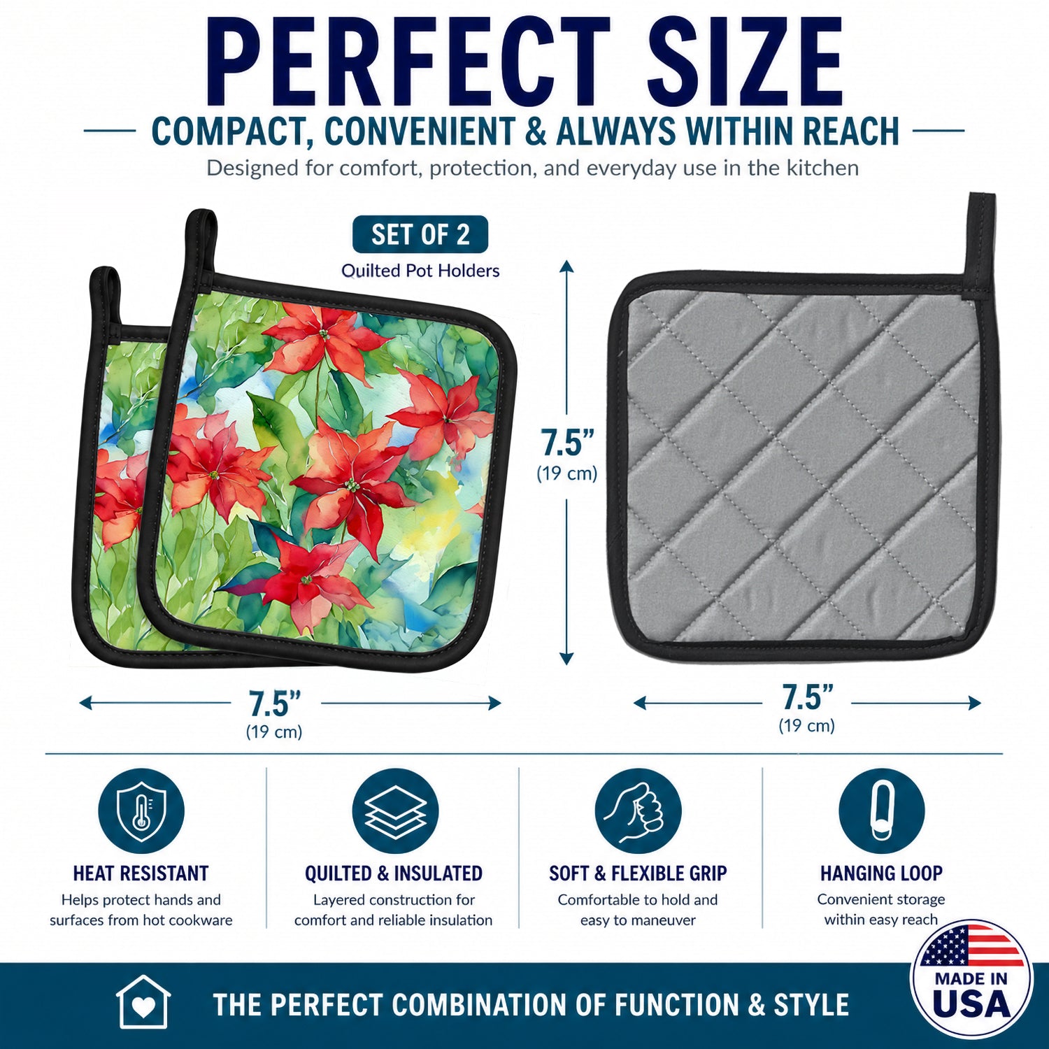 Poinsettias in Watercolor Pot Holder Set of 2 Heat Resistant Quilted Hot Pads 7.5 x 7.5 Inch, Insulated Kitchen Trivets for Cooking & Baking