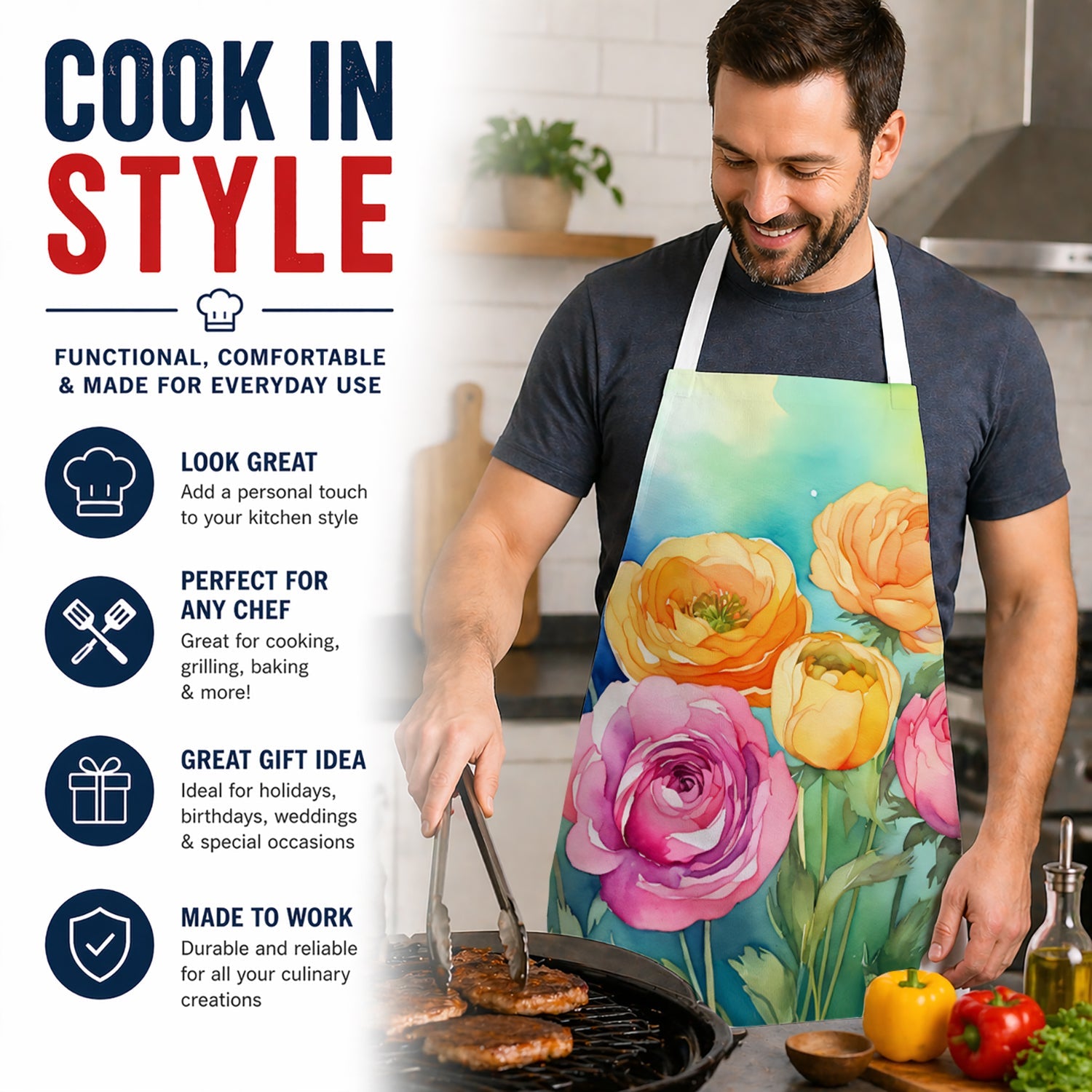 Ranunculus in Watercolor Apron Cooking Kitchen Server Baking Crafts Gardening for Adult Women Men, Unisex, Large, Multicolor