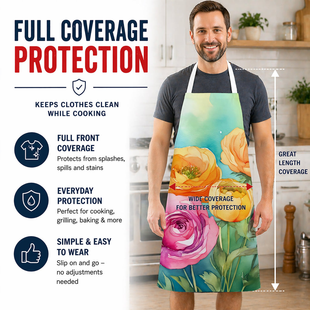 Ranunculus in Watercolor Apron Cooking Kitchen Server Baking Crafts Gardening for Adult Women Men, Unisex, Large, Multicolor