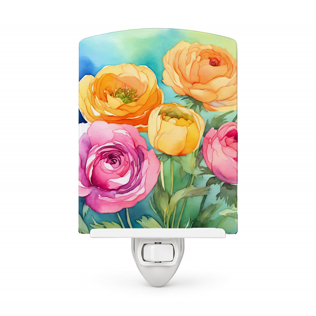 Ranunculus in Watercolor Ceramic Night Light Compact, UL-Certified, Ideal for Bedroom, Bathroom, Nursery, Hallway, Kitchen, 6x4x3, Multicolor