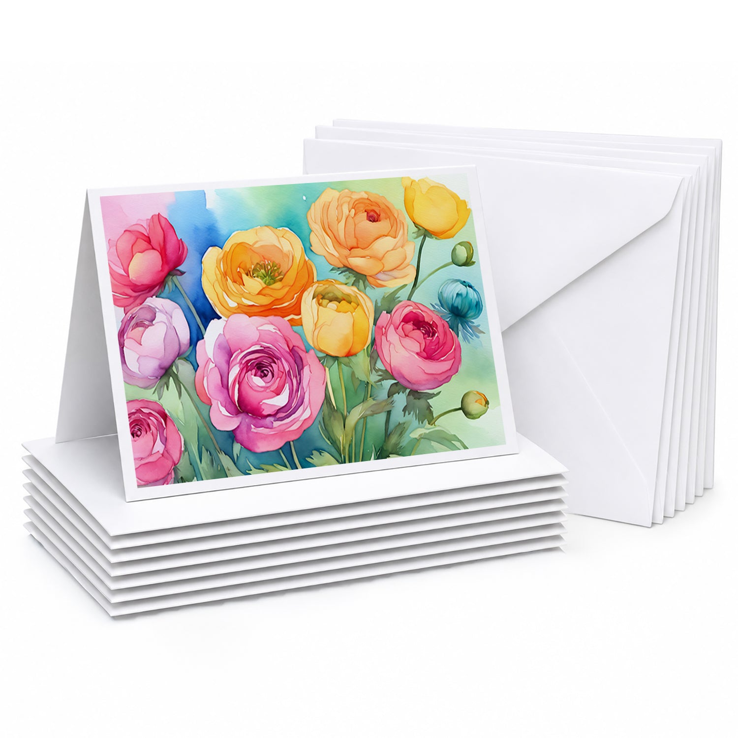 Ranunculus in Watercolor Greeting Cards Pack of 8 Blank Cards with Envelopes Whimsical A7 Size 5x7