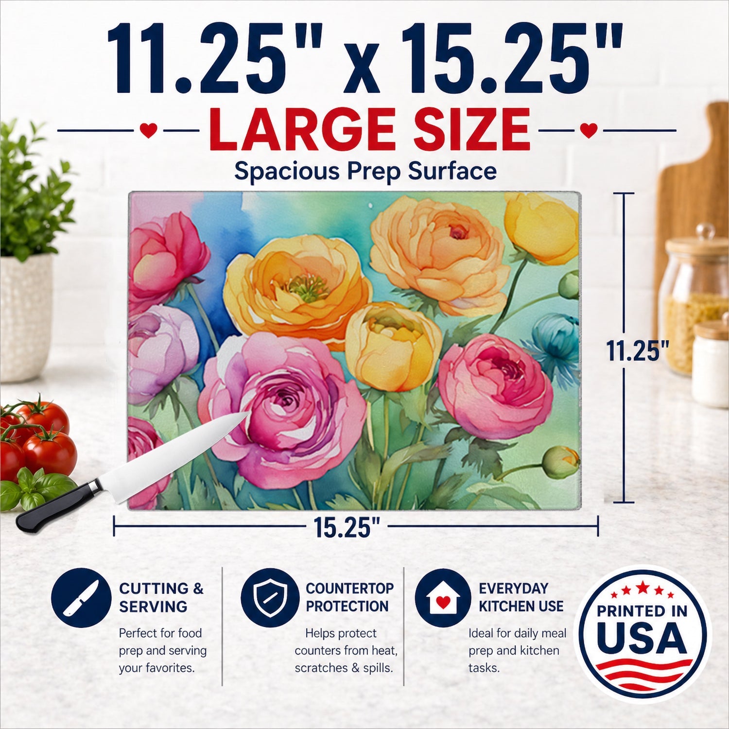 Ranunculus in Watercolor Cutting Board Tempered Glass Kitchen Cutting Surface, Heat Resistant Chopping, Non-Slip Feet, Food Prep & Serving