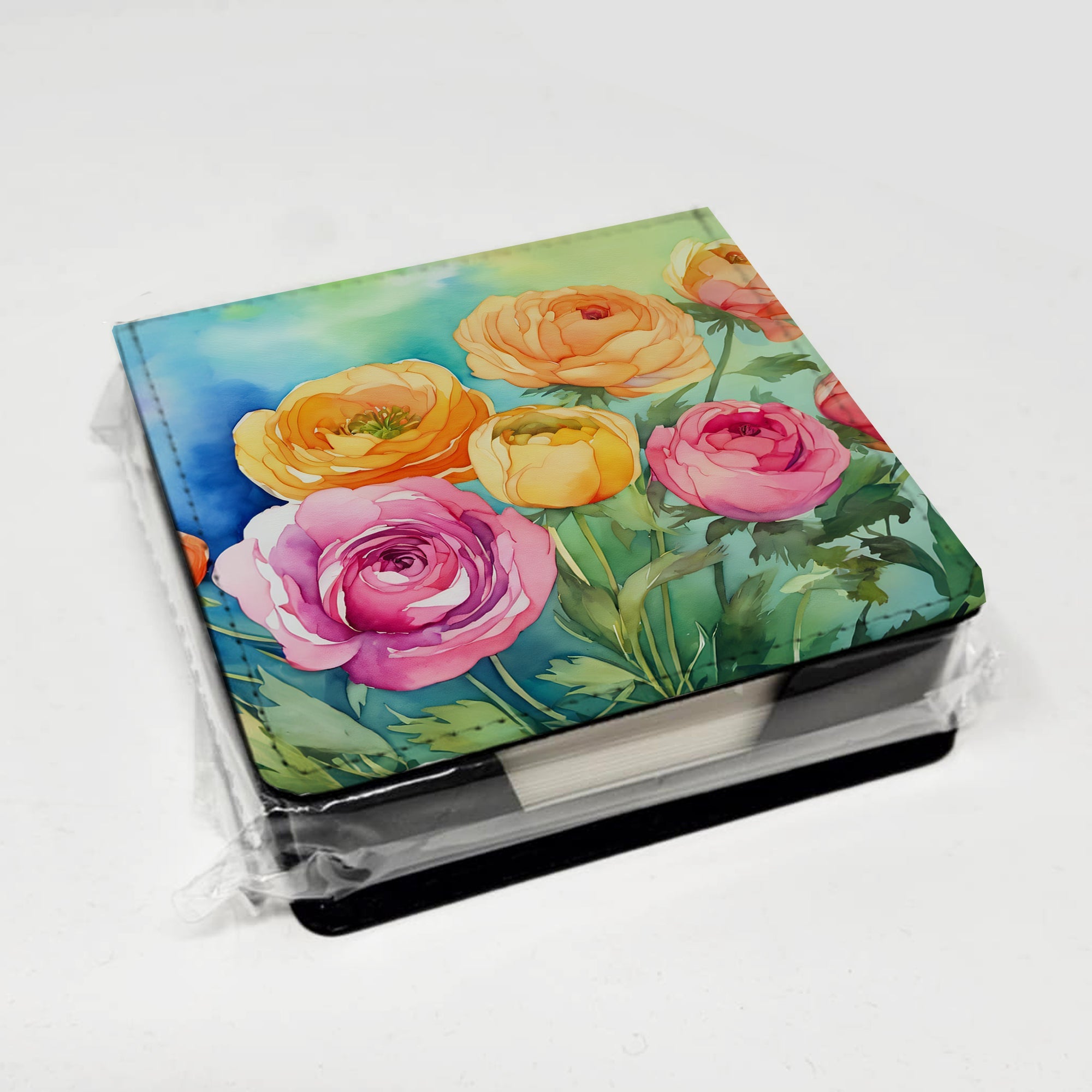 Ranunculus in Watercolor PU Leather Note Paper Holder with Artist-Designed Cover, Desk Accessory, Office Gift