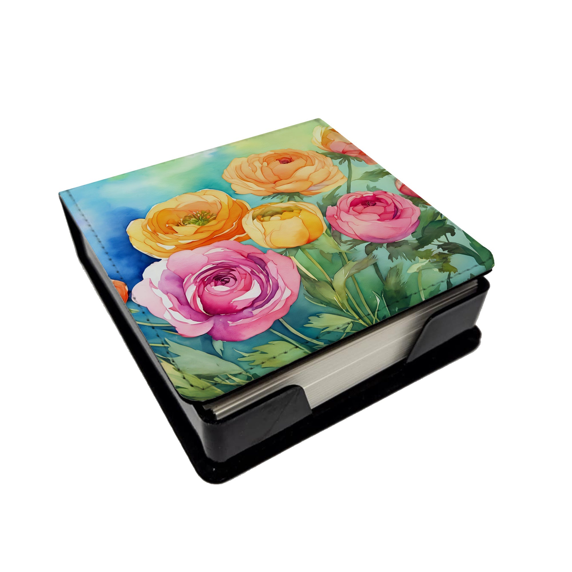 Ranunculus in Watercolor PU Leather Note Paper Holder with Artist-Designed Cover, Desk Accessory, Office Gift