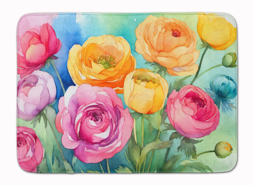 Ranunculus in Watercolor Memory Foam Kitchen Mat Machine Washable Anti-Fatigue Cushion Comfort Bath or Kitchen Rug