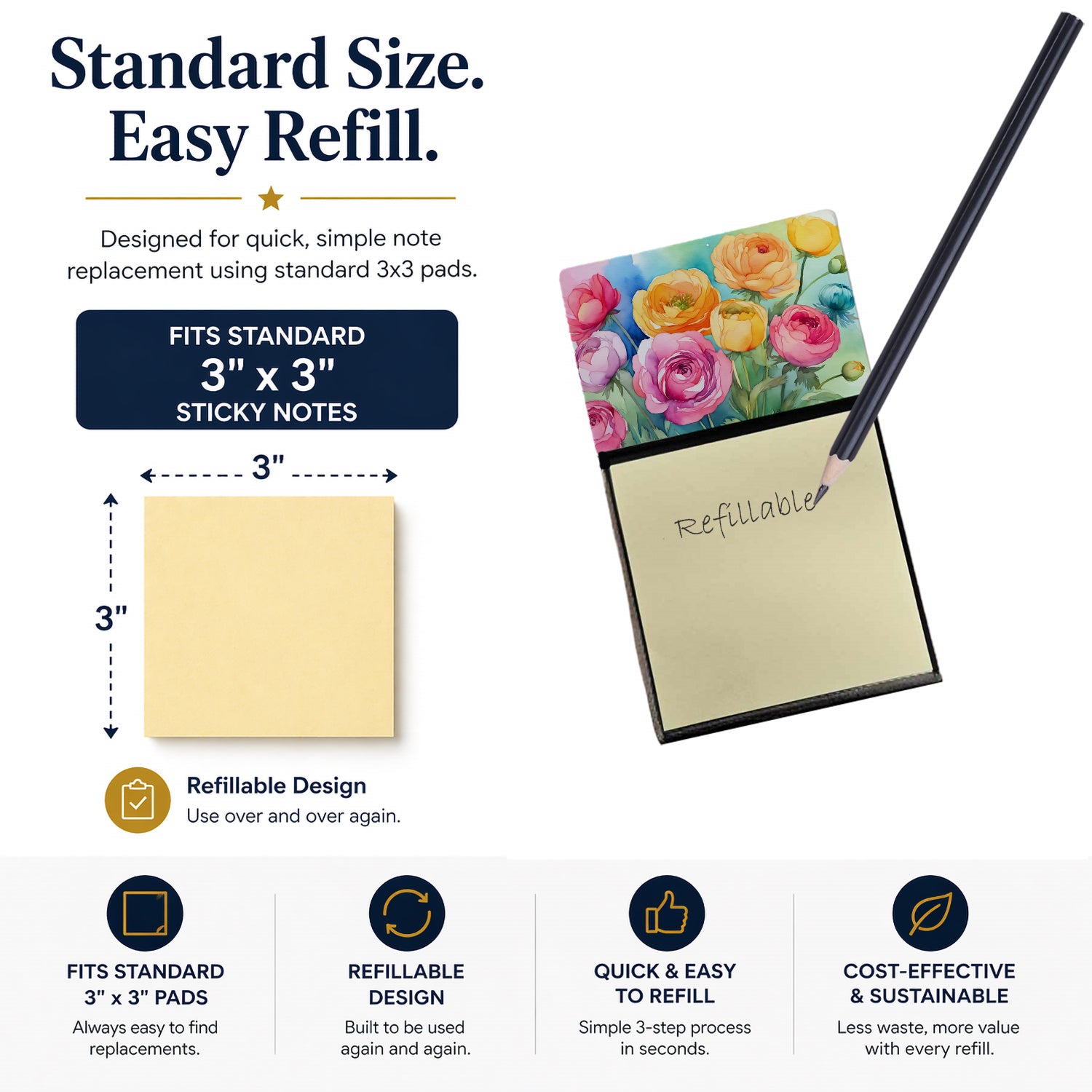 Ranunculus in Watercolor Watercolor Sticky Note Holder Refillable Dispenser Desk Accessory 3x3 Pad Gift