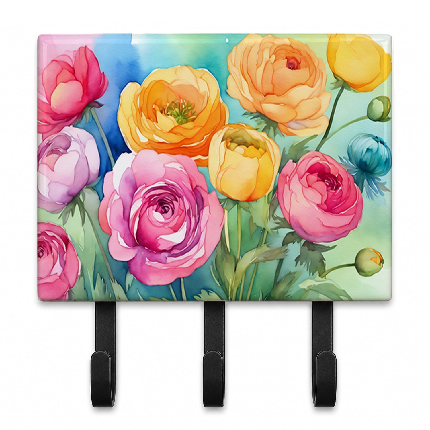Ranunculus in Watercolor Leash or Key Holder Wall Hooks, Coat Rack Wall Mount, for Hanging Keys, Towels, Aprons, Leashes
