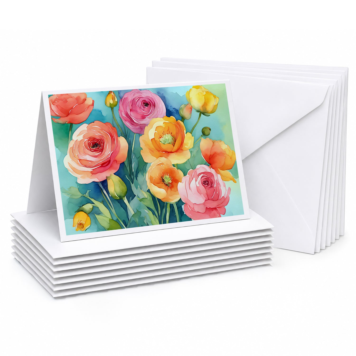 Ranunculus in Watercolor Greeting Cards Pack of 8 Blank Cards with Envelopes Whimsical A7 Size 5x7