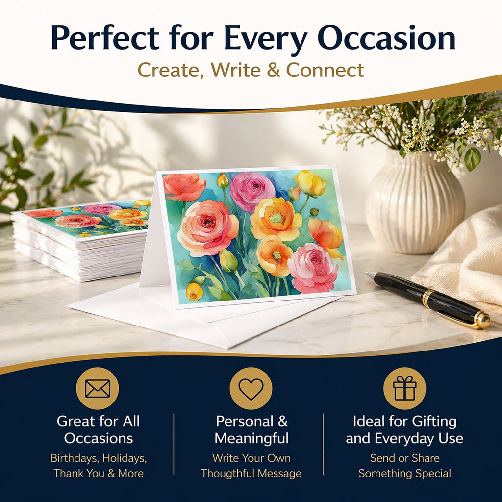 Ranunculus in Watercolor Greeting Cards Pack of 8 Blank Cards with Envelopes Whimsical A7 Size 5x7
