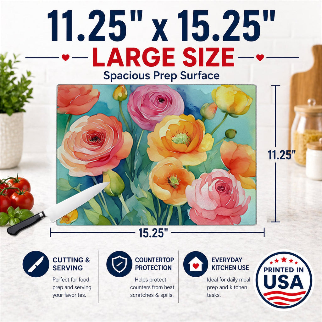 Ranunculus in Watercolor Cutting Board Tempered Glass Kitchen Cutting Surface, Heat Resistant Chopping, Non-Slip Feet, Food Prep & Serving