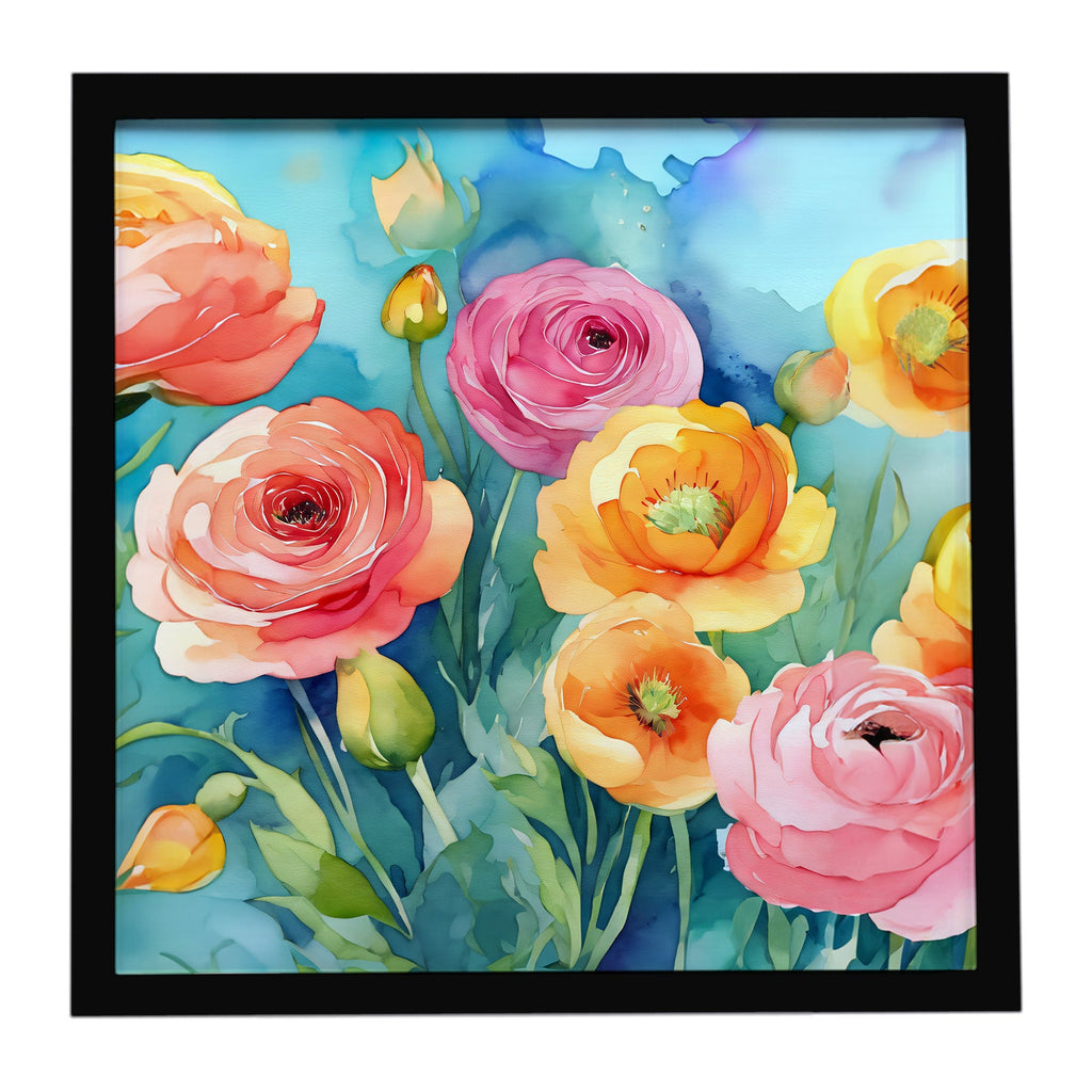 Ranunculus in Watercolor Framed Metal Print Bathroom, Kitchen, Office, Home Decor Wall Art Ready to Hang, Square, 8X8