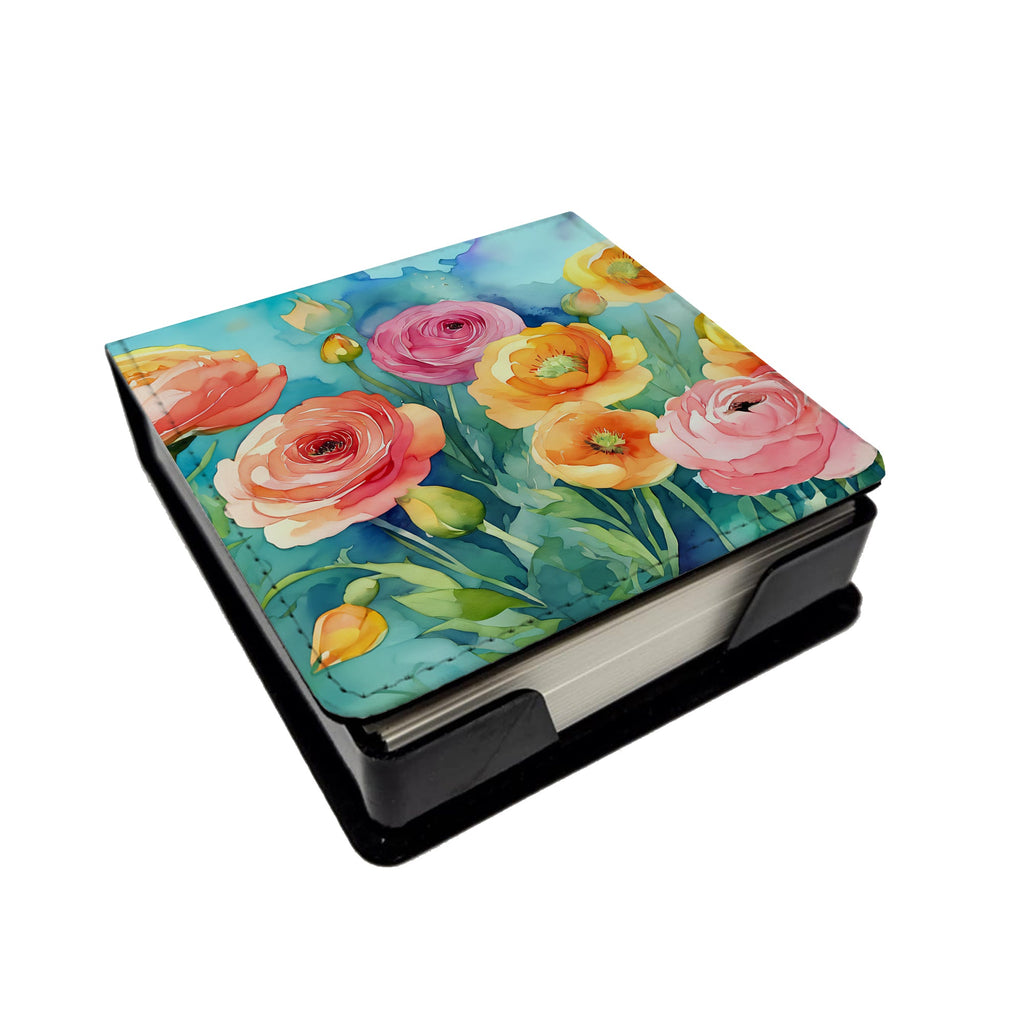 Ranunculus in Watercolor PU Leather Note Paper Holder with Artist-Designed Cover, Desk Accessory, Office Gift