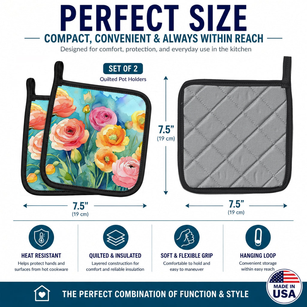 Ranunculus in Watercolor Pot Holder Set of 2 Heat Resistant Quilted Hot Pads 7.5 x 7.5 Inch, Insulated Kitchen Trivets for Cooking & Baking